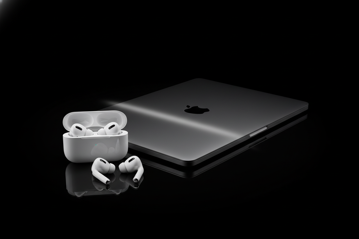 make me a photo black background with airpods and macbook